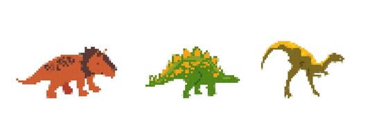 Mosaic pixel art dinosaurs featuring triceratops stegosaurus and velociraptor icon designs vector