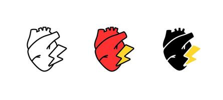 Heart with bold lightning bolt motif in three color variations explores dynamic energy vector