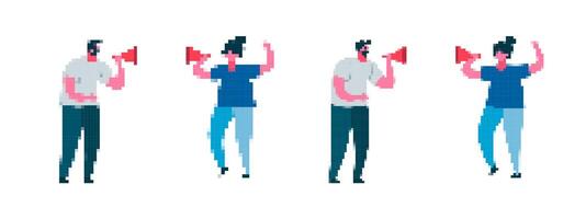 Mosaic pixel art characters with megaphones in dynamic communication poses vector