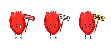 Heart with sad expression holding help signs in different colors and styles vector
