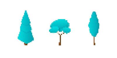 Mosaic pixel trees in blue tones display different shapes and simplistic pixelated branch structures vector