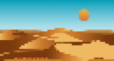 Mosaic pixel desert scene with golden sand dunes and distant sun in retro sprite style vector