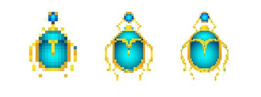 Mosaic pixel art style blue beetle icon with retro sprite features and bright golden accents vector