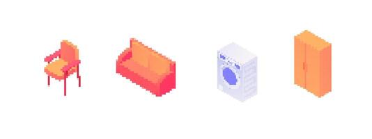 Mosaic pixel furniture and appliances icon set with chair sofa washing machine and wardrobe vector
