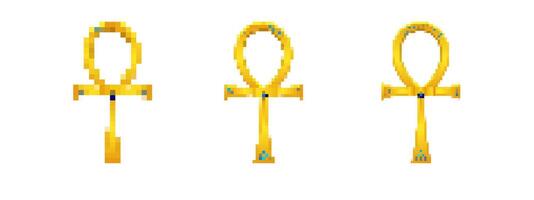 Mosaic pixel ankh symbols in retro sprite style with golden color and simplistic design vector