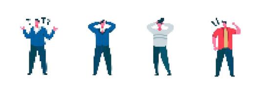 Mosaic pixel figures displaying cartoon exclamations and expressive gestures in a fun style vector