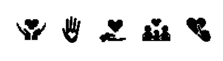 Mosaic style pixel art hearts and hands icons displaying love and friendship concepts vector