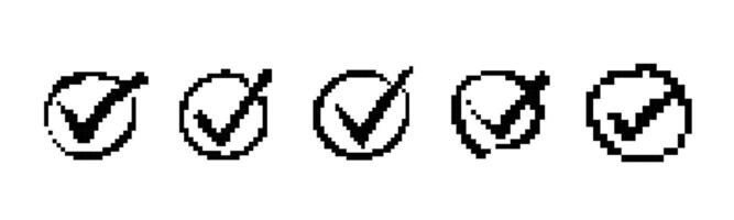 Mosaic style pixel art check marks in various icon designs with retro sprite aesthetic vector