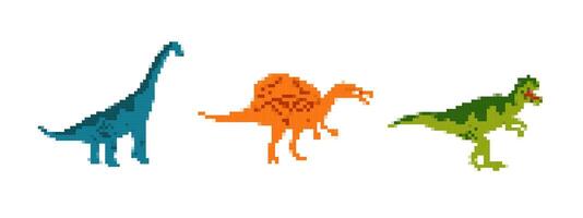 Mosaic pixel dinosaurs collection in retro pixel art design vector