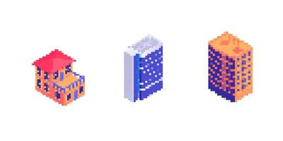 Mosaic icons of pixel art buildings with red roofs and blue structures vector