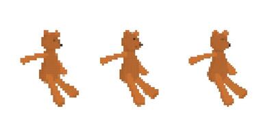 Mosaic pixel brown teddy bear trio in simple side pose with animated retro game appearance vector