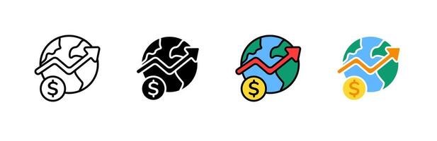 Icon of global financial growth with earth and upward arrow in multiple style variations vector