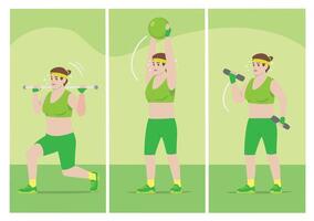 Woman Performing Different Exercises Workout Bar, Dumbbell Curls, and Balance Ball vector
