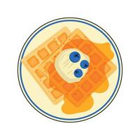 A Stack of Belgian Waffles on a Plate with Ice Cream, Syrup and Berries. vector