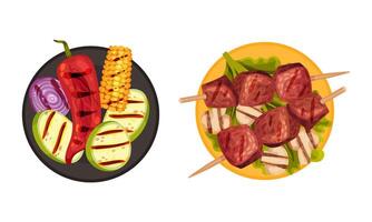 A la parrilla comida colocar. parte superior ver de delicioso platos para parilla fiesta menú ilustración vector