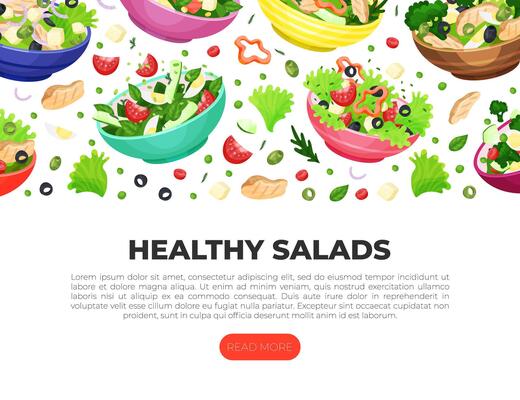 Healthy salad web banner. Healthy diet menu, tasty organic natural meal landing page illustration