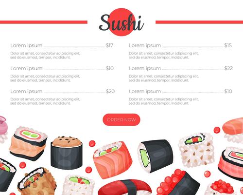 Asian cuisine restaurant menu web banner. Sushi bar, cafe, delivery service landing page illustration