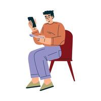 Man Character in Cafe Sitting on Chair with Smartphone and Spoon Illustration vector
