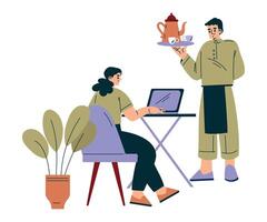 Woman in the Cafe Sitting at Table with Laptop Take Order with Waiter Standing Illustration vector