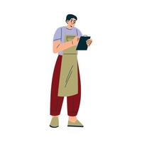 Man Waiter at Cafe Standing in Apron with Clipboard Illustration vector