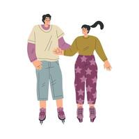Man and Woman Character Roller Skating Ride on Rollers Illustration vector