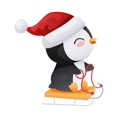 Cute penguin in Santa hat sledding. Adorable funny baby bird cartoon character. New year and Christmas design illustration