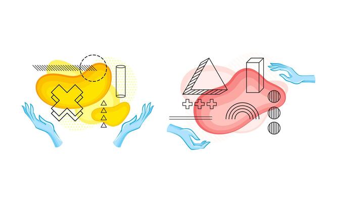Human hands with contours of geometric shapes and abstract colorful blobs set illustration