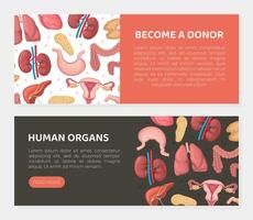 Human organs horizontal web banners set. Become a donor, transplantology landing page, website interface vector