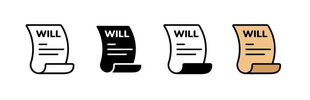 Icon set featuring will legal document in outline and filled styles in different colors vector