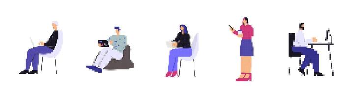 Mosaic pixel art style icons depicting people engaged in various computer related activities vector
