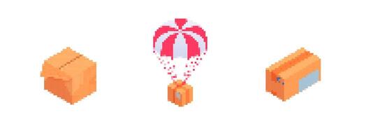 Mosaic style pixel art icons of packages and parachute with orange boxes vector