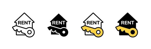 Icon of rent house key in outline and color fill variations with simple house shape vector