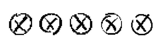Mosaic pixel design. five black checkmark circles in cartoon retro pixel art style vector