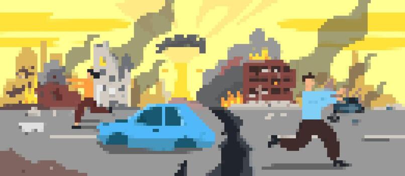 Mosaic pixel art scene with running figures and damaged buildings in distressed setting vector