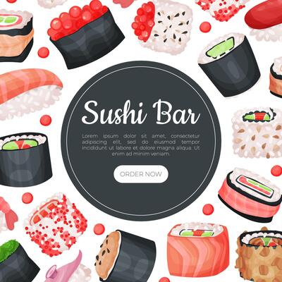 Sushi bar web banner. Asian cuisine cafe, restaurant, delivery service landing page illustration