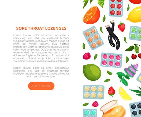 Sore throat lozenges web banner with text. Natural cough remedies advertising, brochure, packaging design illustration