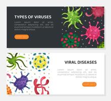 Viral diseases web banners set. Types of viruses, bacteriological microorganisms homepage illustration vector