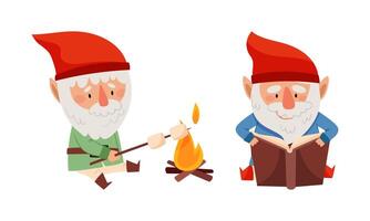 Gnome daily routine activities. Cute scandinavian gnomes frying marshmallows and reading book cartoon illustration vector