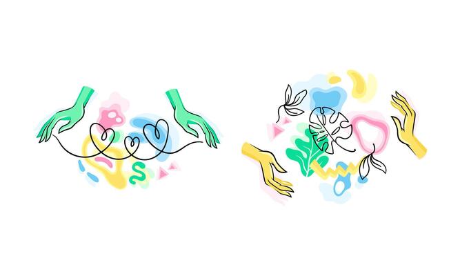 Ecology and environment protection set. Human hands with heart and leaves drawn illustration
