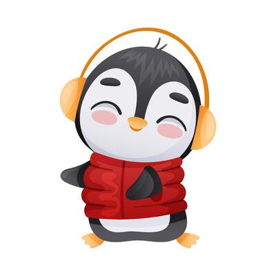Cute penguin wearing earmuffs and red sweater. Adorable funny baby bird cartoon character. New year and Christmas design illustration