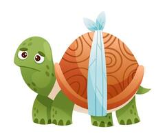 Sick turtle rabbit animal. Sad tortoise with bandage on its shell cartoon illustration vector