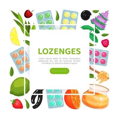 Lozenges web banner. Advertising, packaging design. Sore throat treatment landing page illustration
