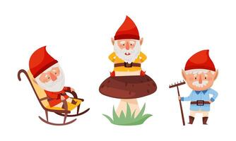 Gnome daily routine activities. Cute scandinavian gnomes characters in red caps cartoon illustration vector