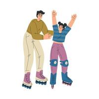 Man Character Roller Skating Ride on Rollers with Daughter Illustration vector