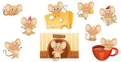 Cute little mouse doing various activities set. Brown baby animal character with funny face and rounded ears illustration vector