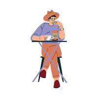 Man Character in Cafe Sitting on Chair with Tea Illustration vector