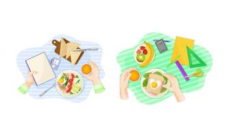 View from above of hands and breakfast dishes set illustration vector