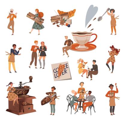 People Love Coffee Enjoy Brewed Aromatic Drink Big Set