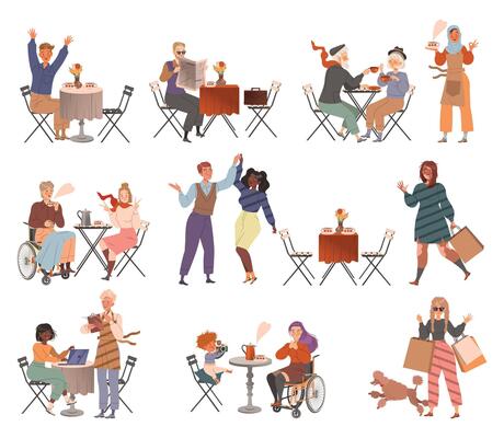 People in the Cafe Sit at Table Enjoy Drink and Communicate Set