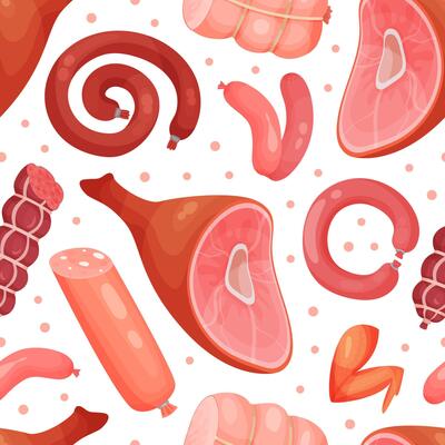 Fresh meat products seamless pattern. Background, wallpaper, cover, textile, packaging design for butcher shop, farm market